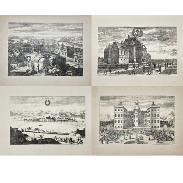 Erik Dahlberg (1625-1703) - Set of 4 Antique Topographical Prints - View of Kungsbacka in Sweden Halland - View of Garden Sweden