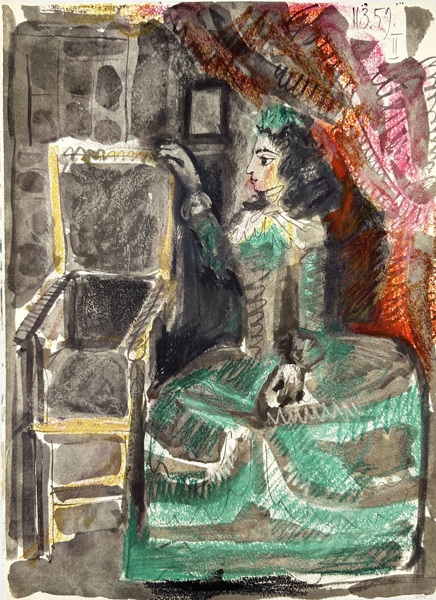 Pablo Picasso (1881–1973) after – Femme en robe verte dans un intérieur théâtral – Gouache and Watercolor Drawing (13.5.59)

