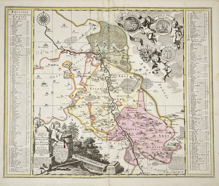 Matthäus Seutter – Map of the Territories of Wurten, Eilendorf, Düren and Surroundings / Geographische Vorstellung der Aemter Wurten, Eilendorff, Düren etc. – Hand-Colored Copperplate Engraving 