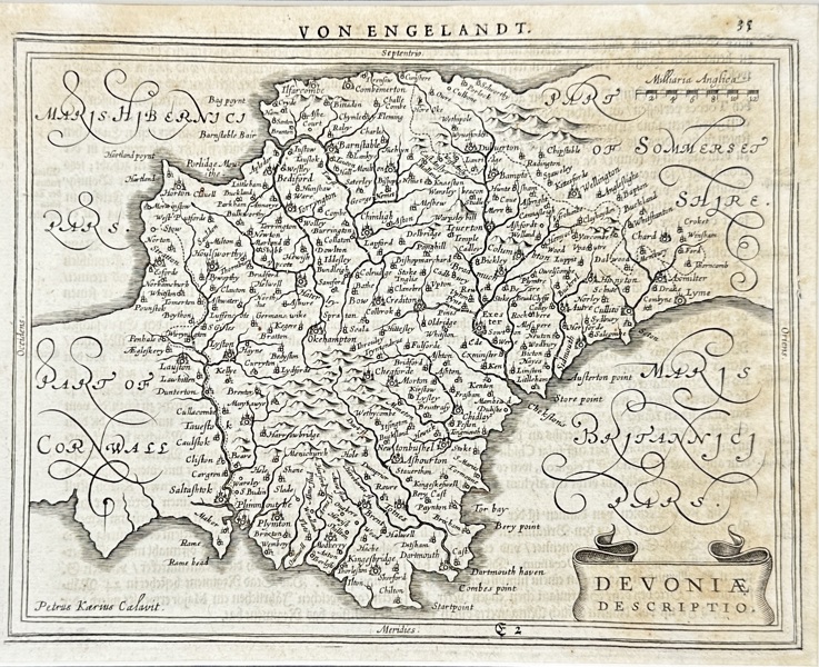 Petrus Kaerius (1571–1646) – Map of Devon / Devonia Descriptio – Copperplate Engraving (Early 17th Century)