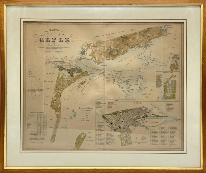 Erik Gustaf Ljunggren – Map of Gävle (Gefle), Gävleborg, Gästrikland – Hand-Coloured Copperplate Engraving (c.1880)