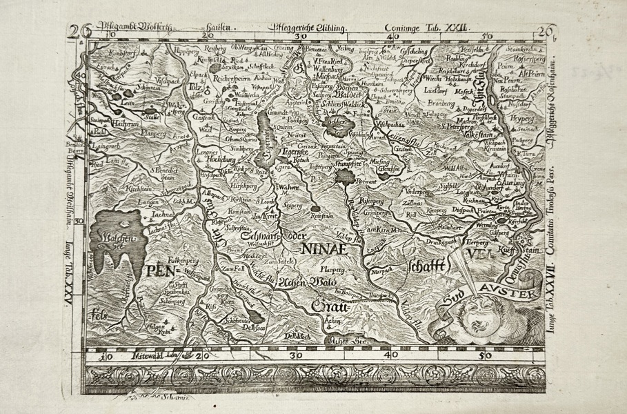Georg Philipp Finckh after Philipp Apian (1531–1589) – Map of the Isar Valley and Tegernsee – Copperplate Engraving (1684)