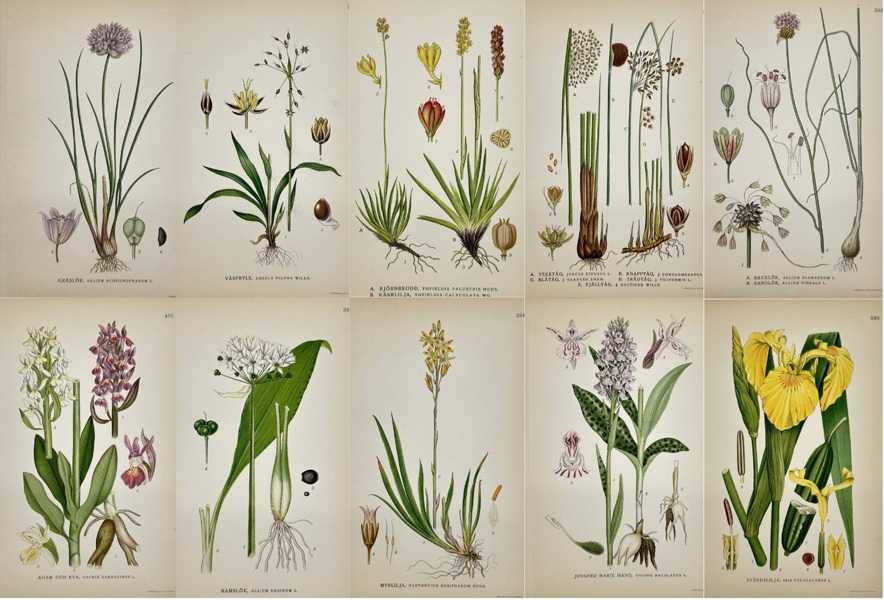 Carl Lindman (1856-1928) - Set of 10 Botanical Prints - Orchis sambucina - Sambucus Orchid - Orchis maculata - Lady Orchid