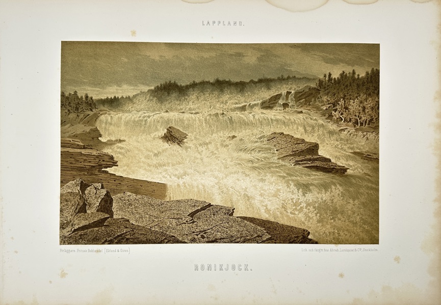 Anders Lundquist – Hand-Colored Lithograph – Ronikjock Waterfall, Lapland – Sweden (c.1880s)
