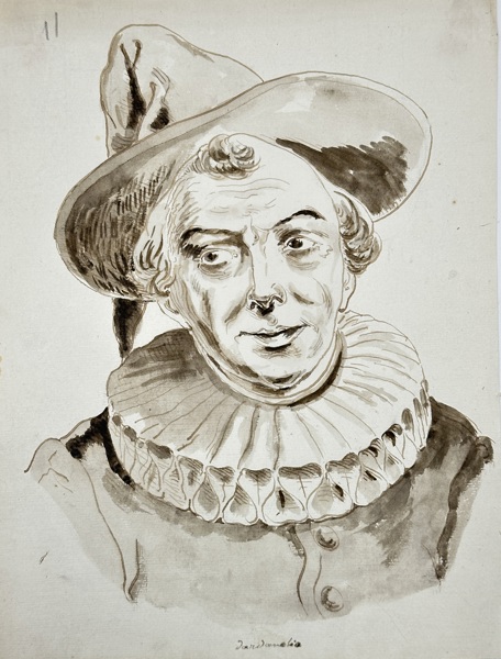 European School – Portrait of a Comic Actor in Ruff and Hat – Ink Drawing (19th Century)
