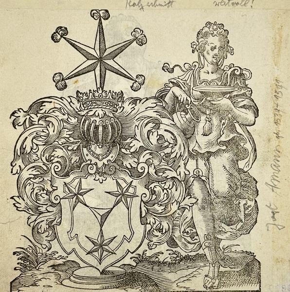 Jost Amman (1539–1591) – Allegorical Female Figure with Coat of Arms – Woodcut Print (Late 16th Century)