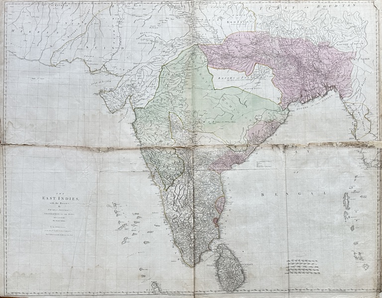Thomas Jefferys (c.1719–1771) – Very Large Map of the East Indies with the Roads – Hand-Coloured Engraving (1774)