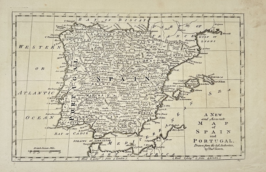 Thomas Bowen (c.1733–1790) – Map of Spain and Portugal / A New and Accurate Map of Spain and Portugal – Engraved Map (Late 18th Century)