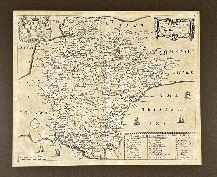 Richard Blome (1635–1705) – Map of Devonshire / A Mapp of Devon Shire with its Hundreds – Hand-Colored Copperplate Engraving (Late 17th Century)