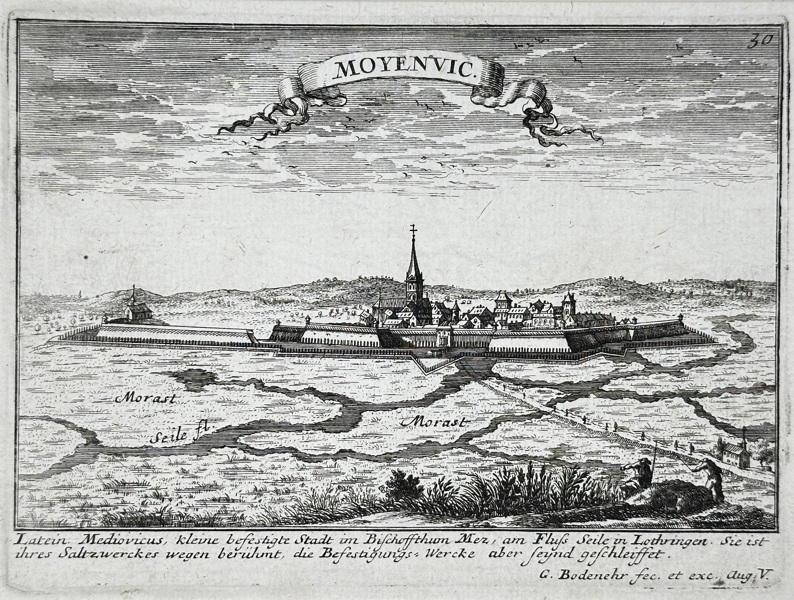 Gabriel Bodenehr (1673–1765) – View of Moyenvic, Lorraine – Engraved Print (Early 18th Century)