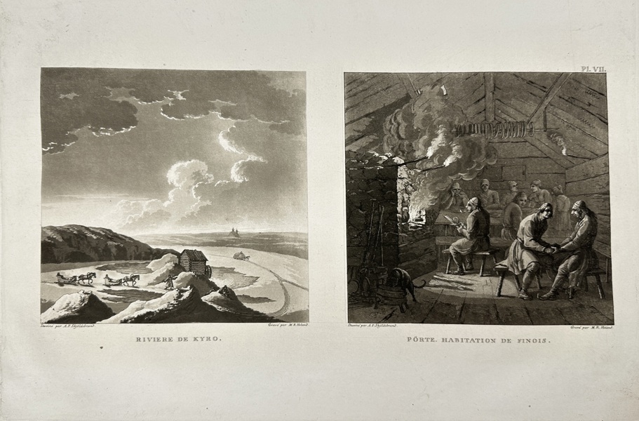 Anders Fredrik Skjöldebrand (1757–1834) – Kyro River and Interior of Finnish House – Aquatint Engraving by M. R. Heland (1802)
