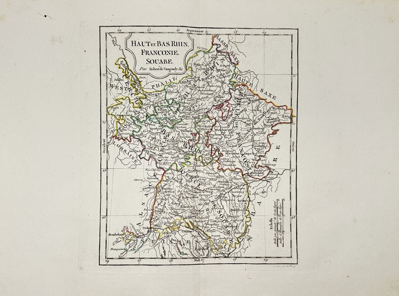 Robert de Vaugondy (1723–1786) – Map of Upper and Lower Rhine, Franconia, and Swabia / Haut et Bas Rhin, Franconie, Souabe – Hand-Colored Engraved Map (1790)