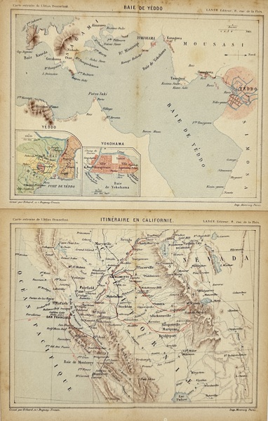 Erhard after Dufour – Map of Yedo Bay and Travel Routes in California / Baie de Yeddo – Itinéraire en Californie – Hand-Colored Lithograph (c.1870s)