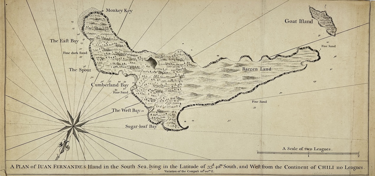 George Anson (1697–1762) – Map of Juan Fernandez Island / A Plan of Juan Fernandes Island in the South Sea – Engraved Map (1748)