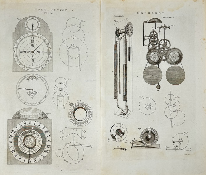 Ephraim Chambers & Abraham Rees – Set of 2 Scientific Plates – Horology: Clocks and Clock-Work Mechanisms – Engravings from Cyclopaedia (1786)