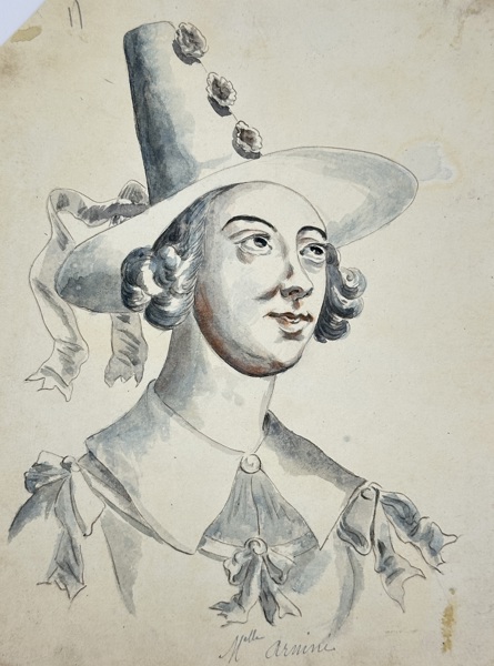 European School – Portrait of a Woman in Theatrical Costume (Mlle Armine) – Watercolour and Ink (19th Century)