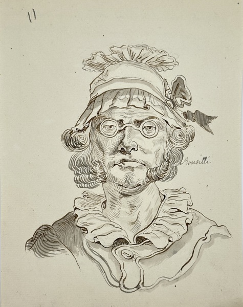 European School – Portrait of a Man in Spectacles and Frilled Cap – Ink Drawing (19th Century)