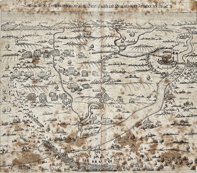 Nicolas Bellus – Battle Map of the Engagement Between the Spanish and Brunswick Armies near Höchst – Woodcut Map