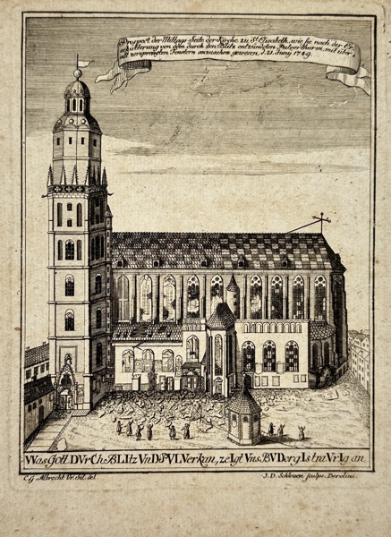 J.D. Schleuen (active 18th Century) – View of St. Elisabeth Church and the Destruction After the Explosion – Engraving (18th Century)