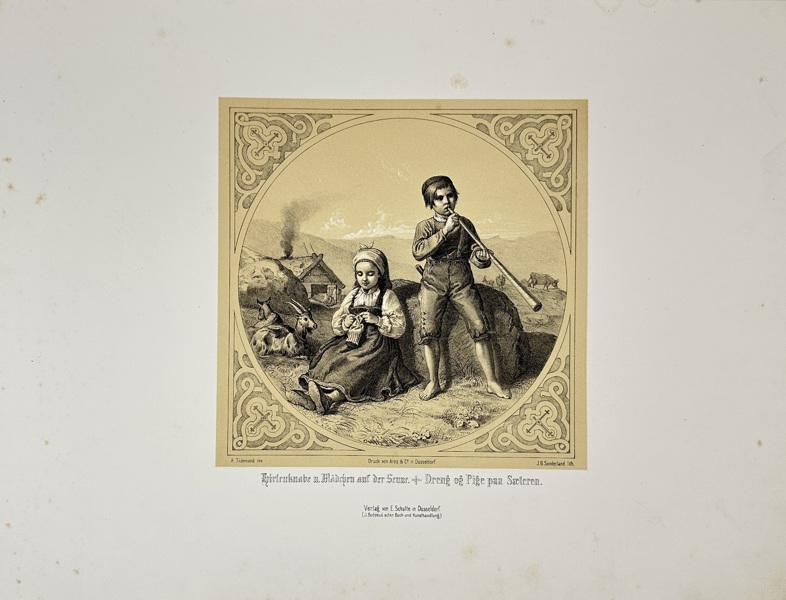 J.B. Sonderland (19th Century) – Hirtenknabe und Mädchen auf der Straaße / Dreng og Pige paa Sæteren (Shepherd Boy and Girl on the Road) – Lithograph (19th Century)