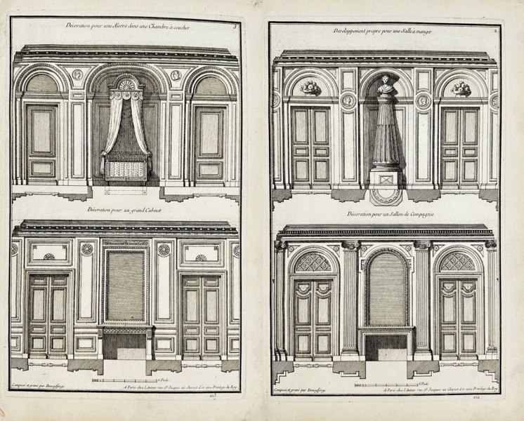 Jean-François de Neufforge (1714–1791) – Set of 2 Antique Architectural Prints – Vestibule Antique & Décorer une Niche dans la Chambre à Coucher – Engravings (F4) (1770)
