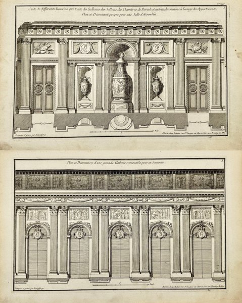 Jean-François de Neufforge (1714–1791) – Set of 2 Antique Architectural Prints -Meeting Room Plan and Gallery Layout – Etchings (F3) (1770)