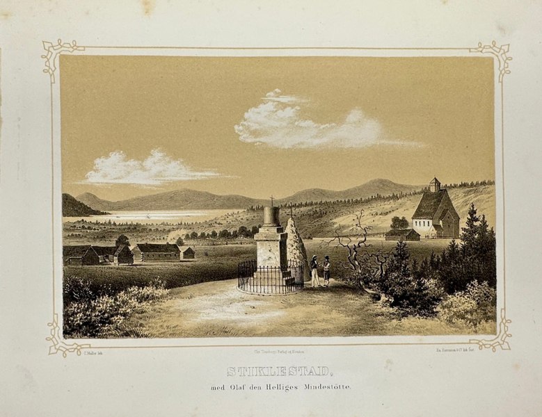 Adolph Tidemand (1814–1876) – View of Stiklestad, Norway – Lithograph from Norge fremstillet i Tegninger (1863)