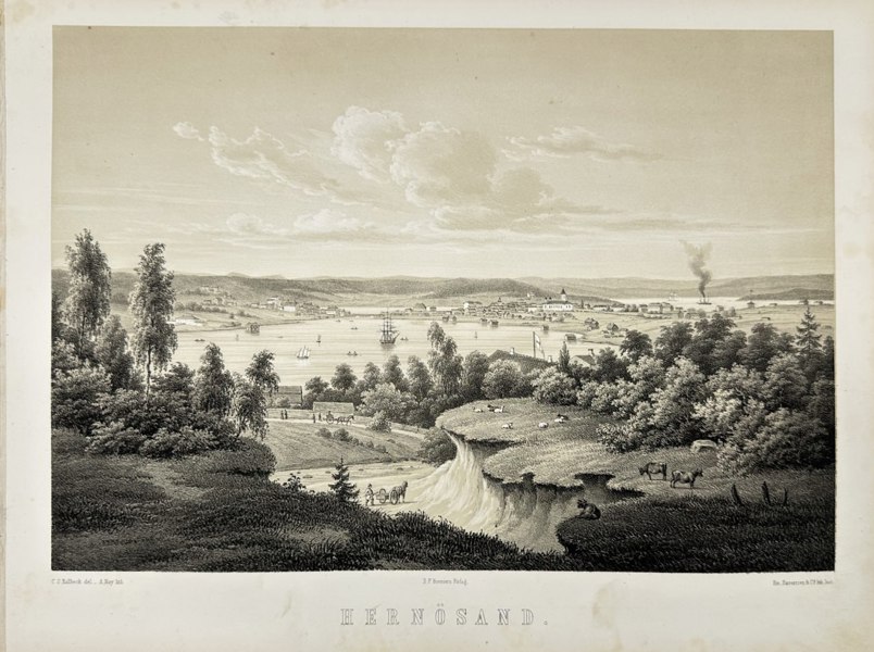 Alexander Nay (1822–1882) & Johan August Berg (1818–1902) – View of Härnösand, Sweden – Steel Engraving from Sverige Framstäldt i Taflor (1850–1856)