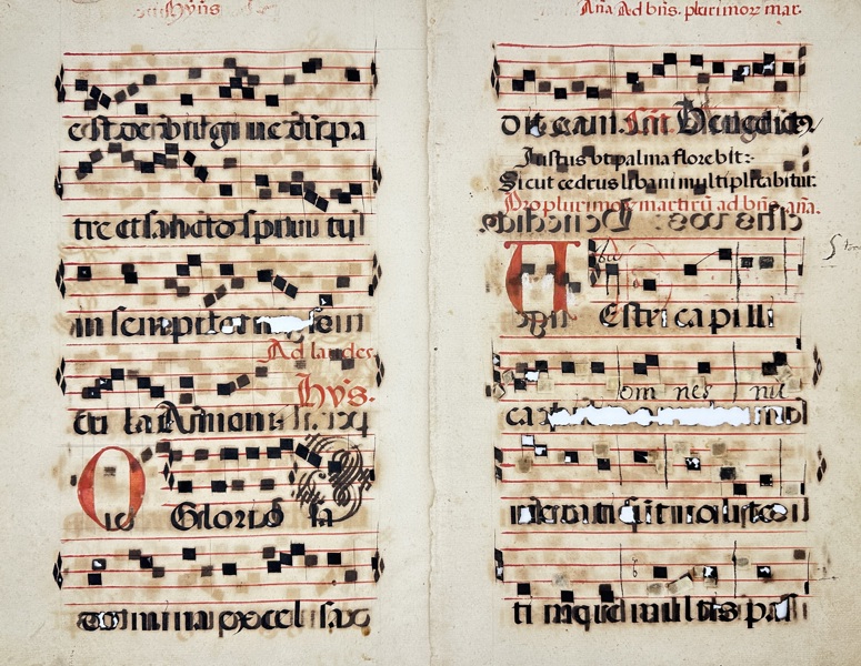 Unknown – Illuminated Antiphonary Leaf – Hymns and Antiphons for Saints and Martyrs – Manuscript on Vellum (1600s, Italy)