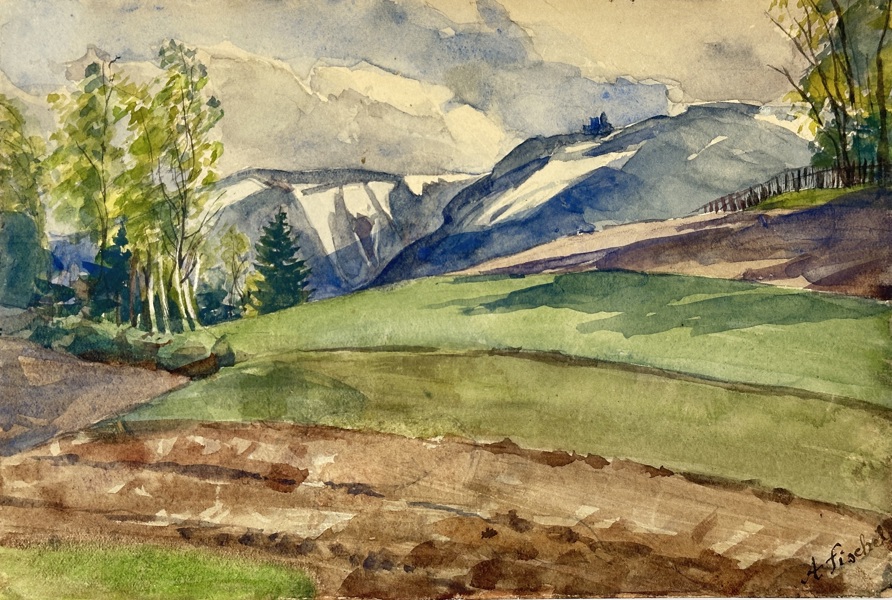 Arnold Fischel-Gerecz – Alpine Landscape with Snowy Peaks – Watercolor (Early 20th Century)