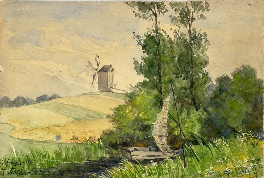 Arnold Fischel – Windmill and Riverboat in Summer Landscape – Watercolor (1919)