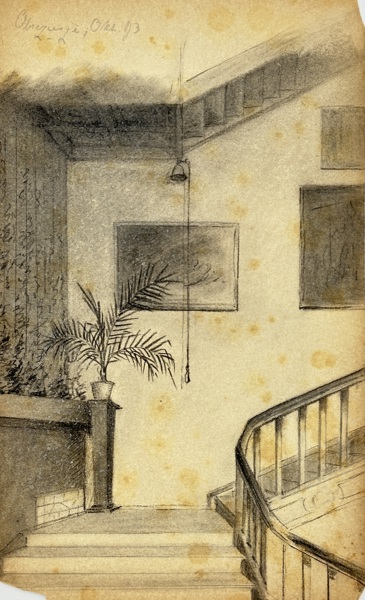 Unknown – Interior Staircase with Palm – Charcoal Drawing (1903)