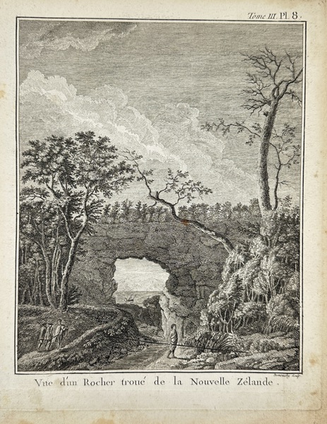 Robert Bénard Demouchy (1728 – after 1785) – A Perforated Rock in Tolaga Bay, New Zealand – Engraving from Cook & Hawkesworth’s Voyages (1778–1785)