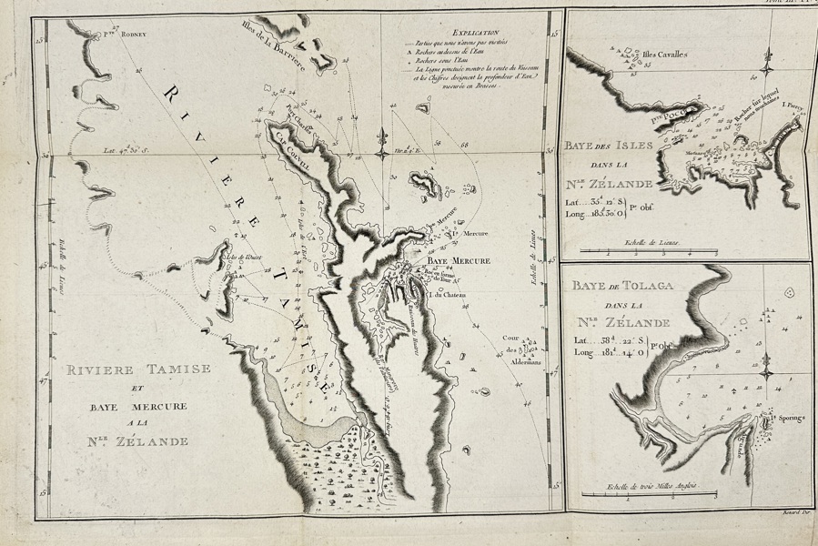 John Hawkesworth (1715–1773) – Map of the River Thames and Mercury Bay, New Zealand – Engraved Map by Robert Bénard (1778–1785)