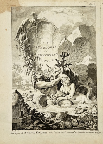 Quentin Pierre Chedel  after François Boucher (1703–1770) – Frontispiece: La Lithologie et la Conchyliologie – Copperplate Engraving from L’Histoire naturelle éclaircie... by Dézallier d’Argenville 