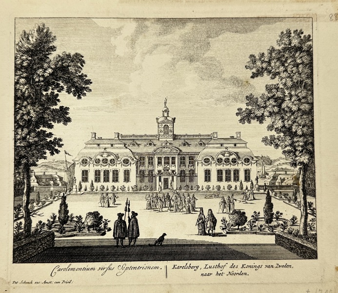Petrus Schenk the Younger (1660–1718) – Carolomontium versus Septentrionem, Karelsberg Lusthof of the King of Sweden – Engraving (circa 1700)