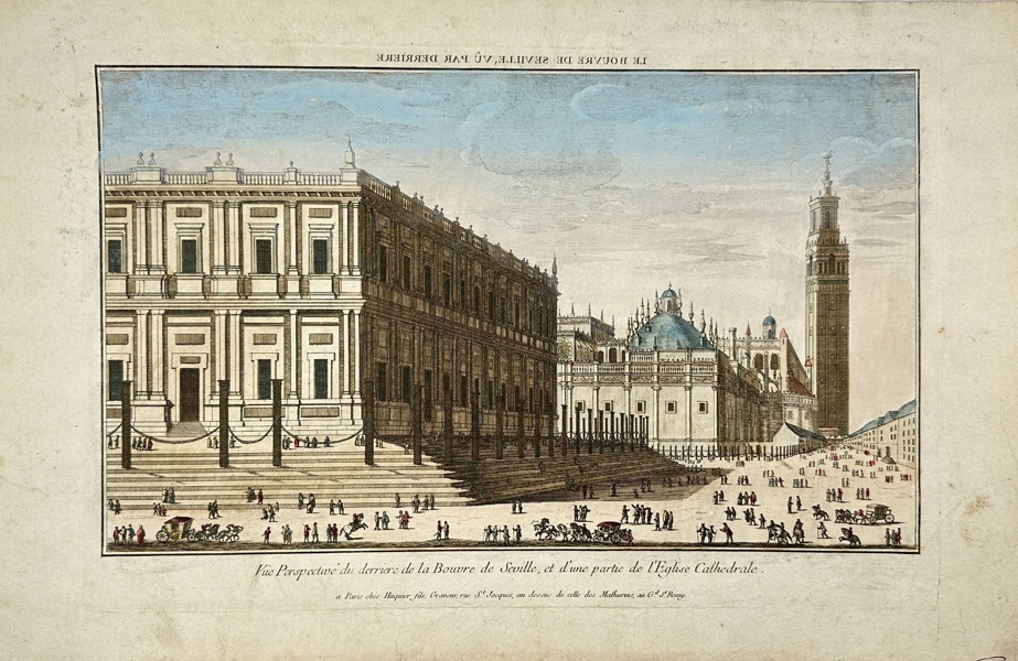 Giovanni Battista Piranesi (1720–1778) – View of the Rear of the Exchange and Part of the Cathedral in Seville – Hand-Colored Engraving (Late 18th Century)