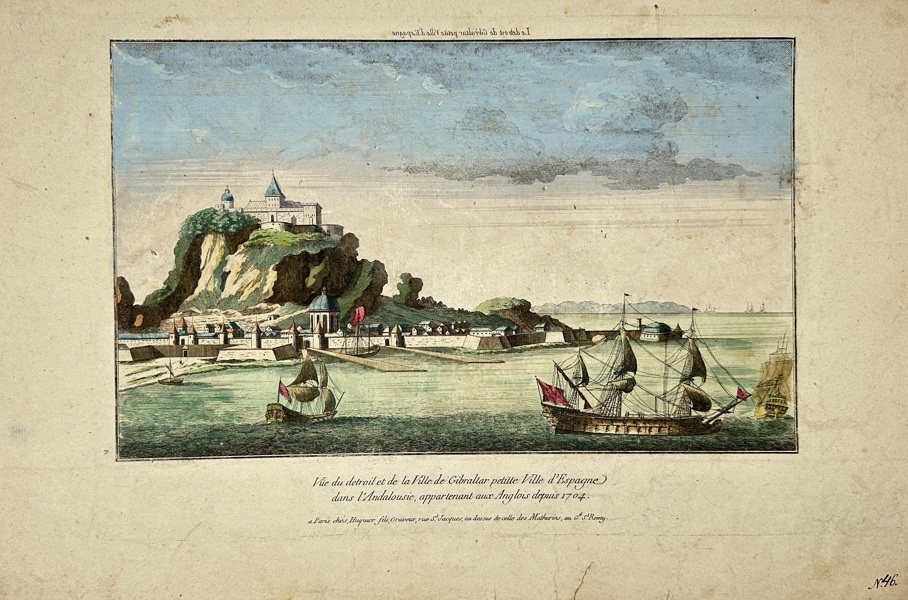 Giovanni Battista Piranesi (1720–1778)  – View of the Strait and the Town of Gibraltar in Andalusia – Hand-Colored Engraving (Late 18th Century)
