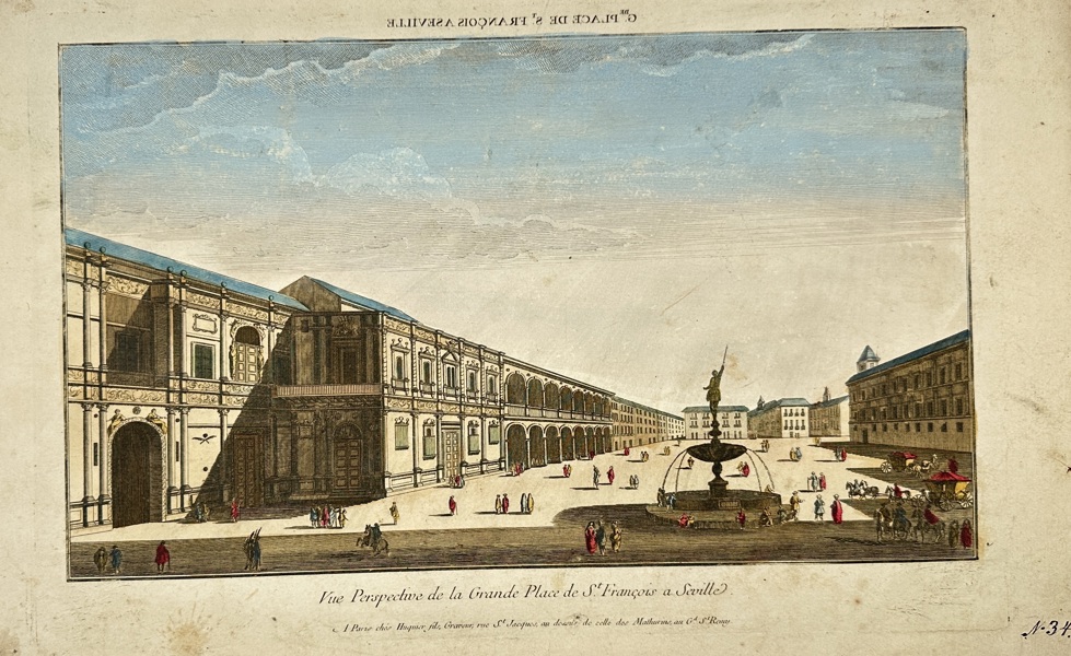 Giovanni Battista Piranesi (1720–1778) – View of the Grand Square of St. Francis in Seville – Hand-Colored Engraving (Late 18th Century)