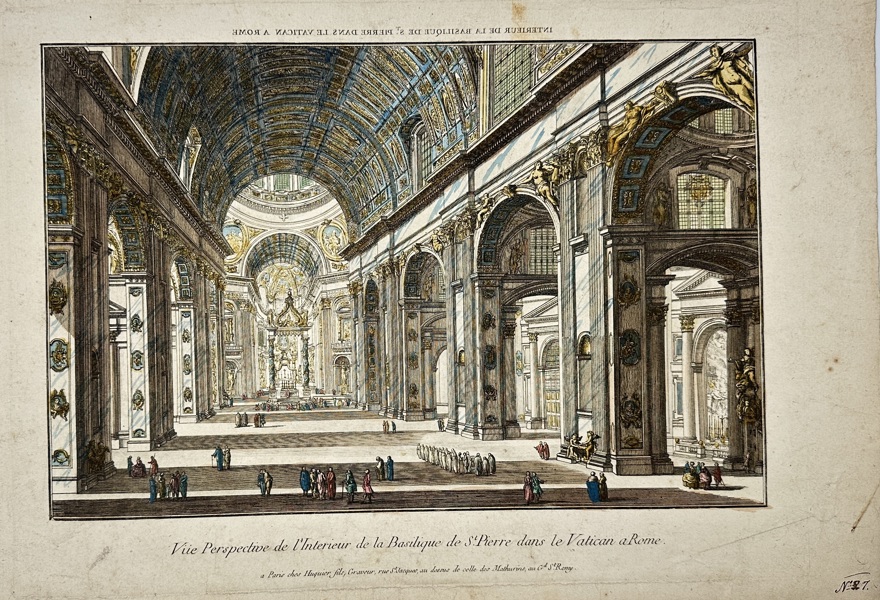 Giovanni Battista Piranesi (1720–1778) – Interior View of St. Peter’s Basilica in the Vatican, Rome – Hand-Colored Engraving (Late 18th Century)