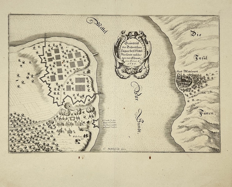 Matthäus Merian – Map of the Danish Camp near Middelfart, Conquered by the Swedes in 1644 – Theatrum Europaeum, Bd. V -  Engraving (1647)