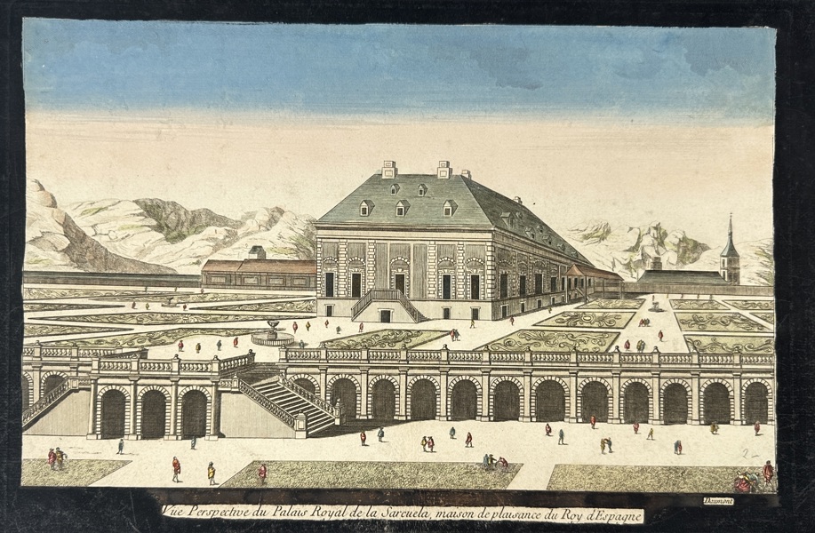 Jean-François Daumont – View of the Royal Palace of La Sarzuela, Country Residence of the King of Spain – Hand-Colored Etching (c.1775)