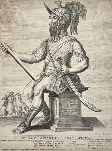 Pieter Coecke van Aelst (1502–1550) - Large Rare Engraving - Emperor Charles V as the mythical giant Druon Antigoon - Colossus Gigantaeus