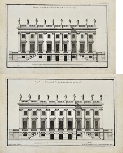 Jean-François de Neufforge – Set of 2 Architectural Engravings – Façade d'un bâtiment de l'ordre dorique & Façade d'un bâtiment de l'ordre ionique – Engravings (1770)