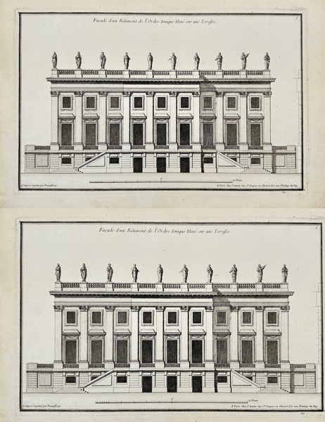 Jean-François de Neufforge – Set of 2 Architectural Engravings – Façade d'un bâtiment de l'ordre dorique & Façade d'un bâtiment de l'ordre ionique – Engravings (1770)