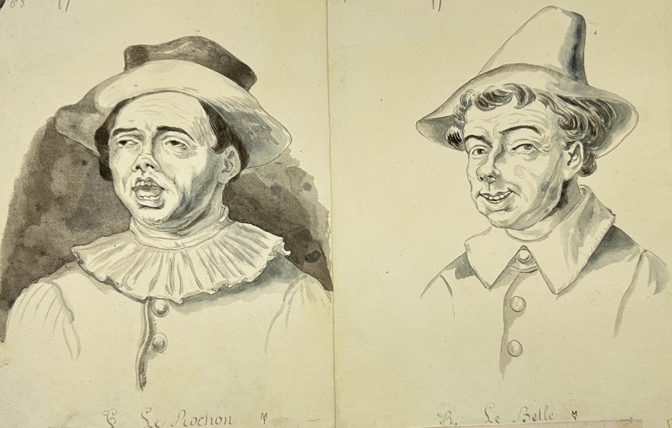 European School – Two Watercolor Portrait Studies: Le Rochon and Le Belle – Watercolor Drawing (19th Century)