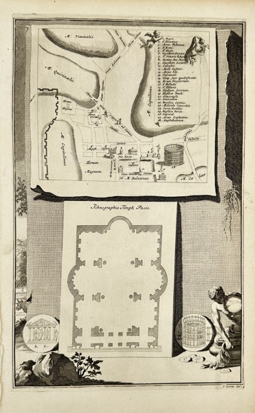 Jan Goeree (1670–1731) – Ichnographia Templi Pacis – Floorplan of the Temple of Peace and Map of the Roman Forum – Engraving (1704)