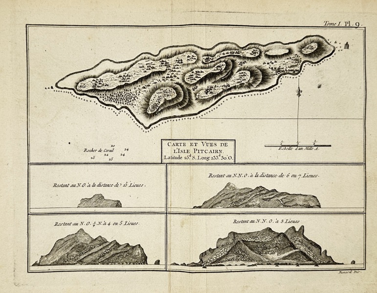 Jacques-Nicolas Bellin after Jacques Renaud Benard – Carte et Vues de l’Isle Pitcairn – Engraving (c.1770s)