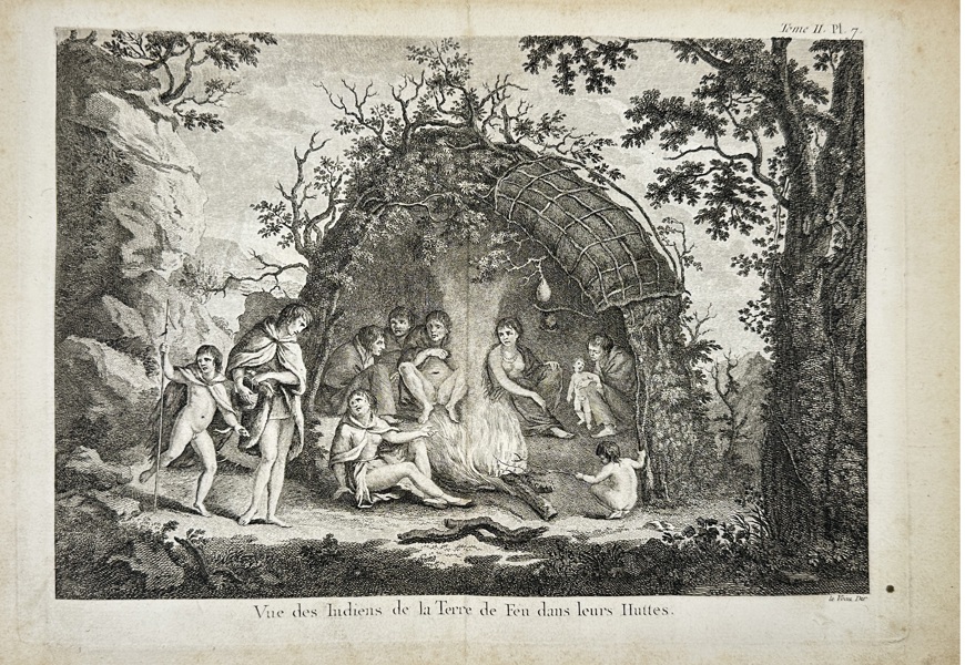 Jean-Jacques-André Le Veau (1729–1785) – Vue des Indiens de la Terre de Feu dans leurs huttes – Engraving (18th Century)