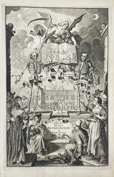 Cornelis van Dalen (1638–1664) – Allegorical Frontispiece to Jacob Cats’ Buyten Leven op Zorgvliet – Copperplate Engraving (1656)